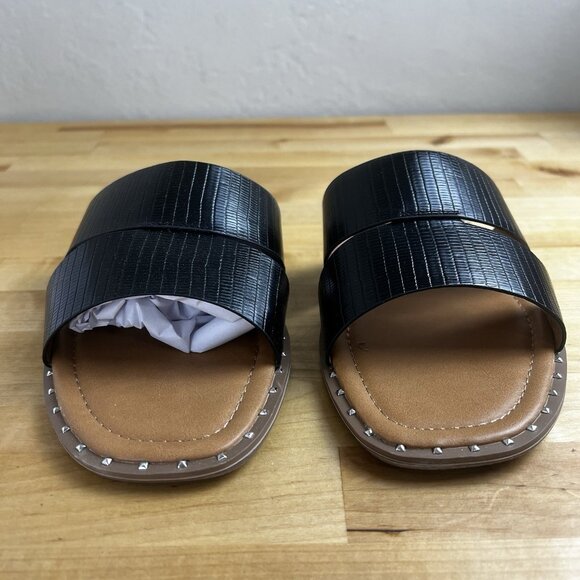 Evans Slide Sandal Riley Embossed Black Flat Studded Shoes Size 10 WIDE NEW - Picture 4 of 10